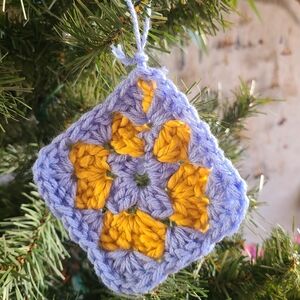 Handmade Crochet Ornament in Cornflower Blue & Goldenrod Yellow Maximalist Art